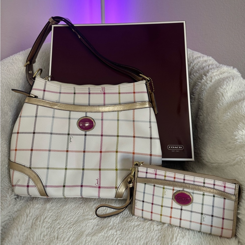 Coach White and Gold Plaid Shoulder Bag Set